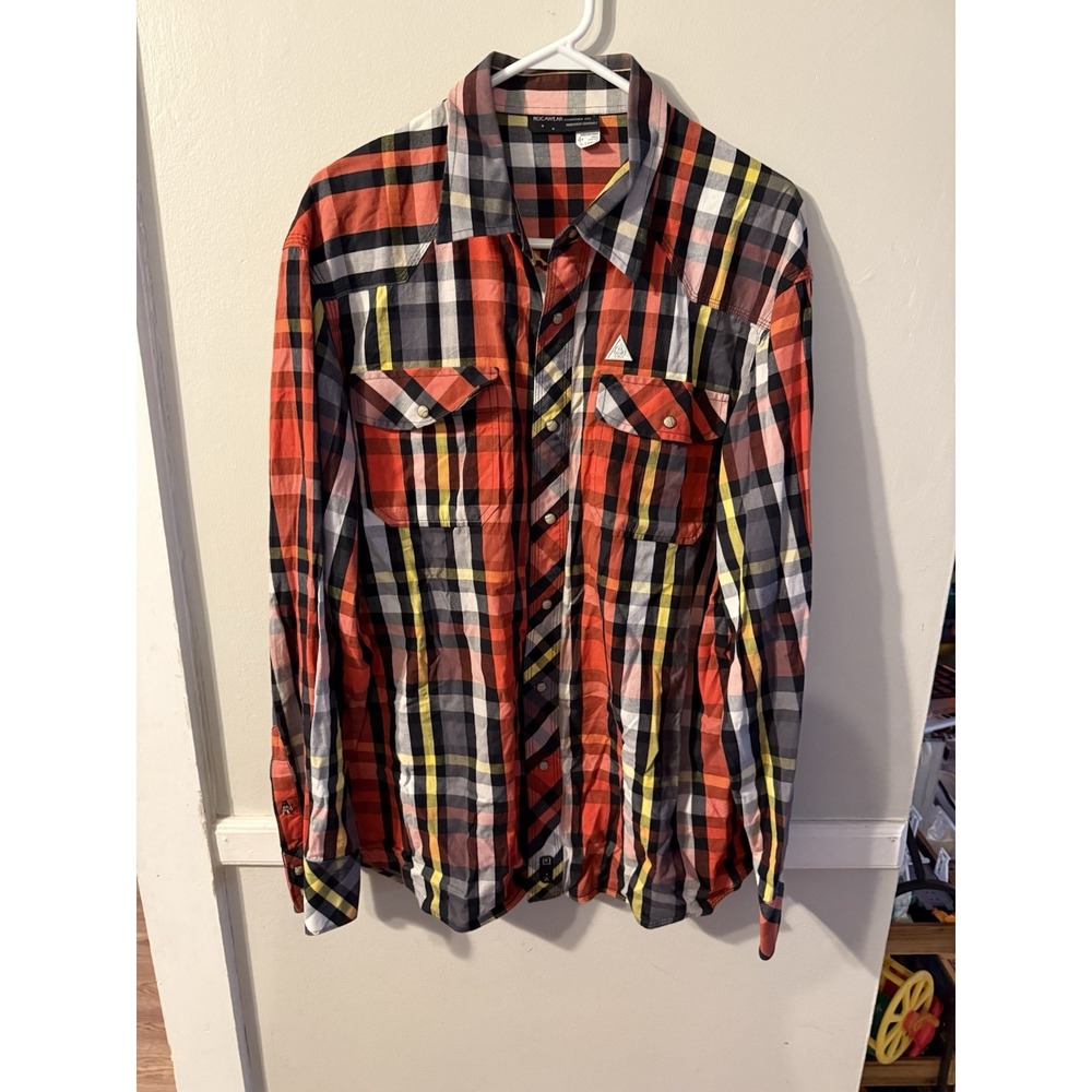 Rocawear Western Shirt Mens XL Multi Colored Plaid Front Snaps Cotton S/Slve EUC